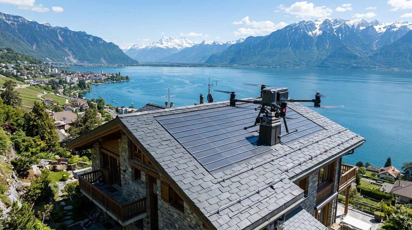 Inspection de toiture par drone au-dessus d'une villa en Suisse