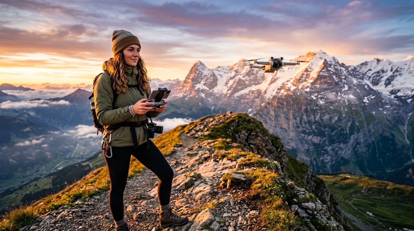 Créateur de contenu filmant au drone un coucher de soleil sur les crêtes des Alpes suisses