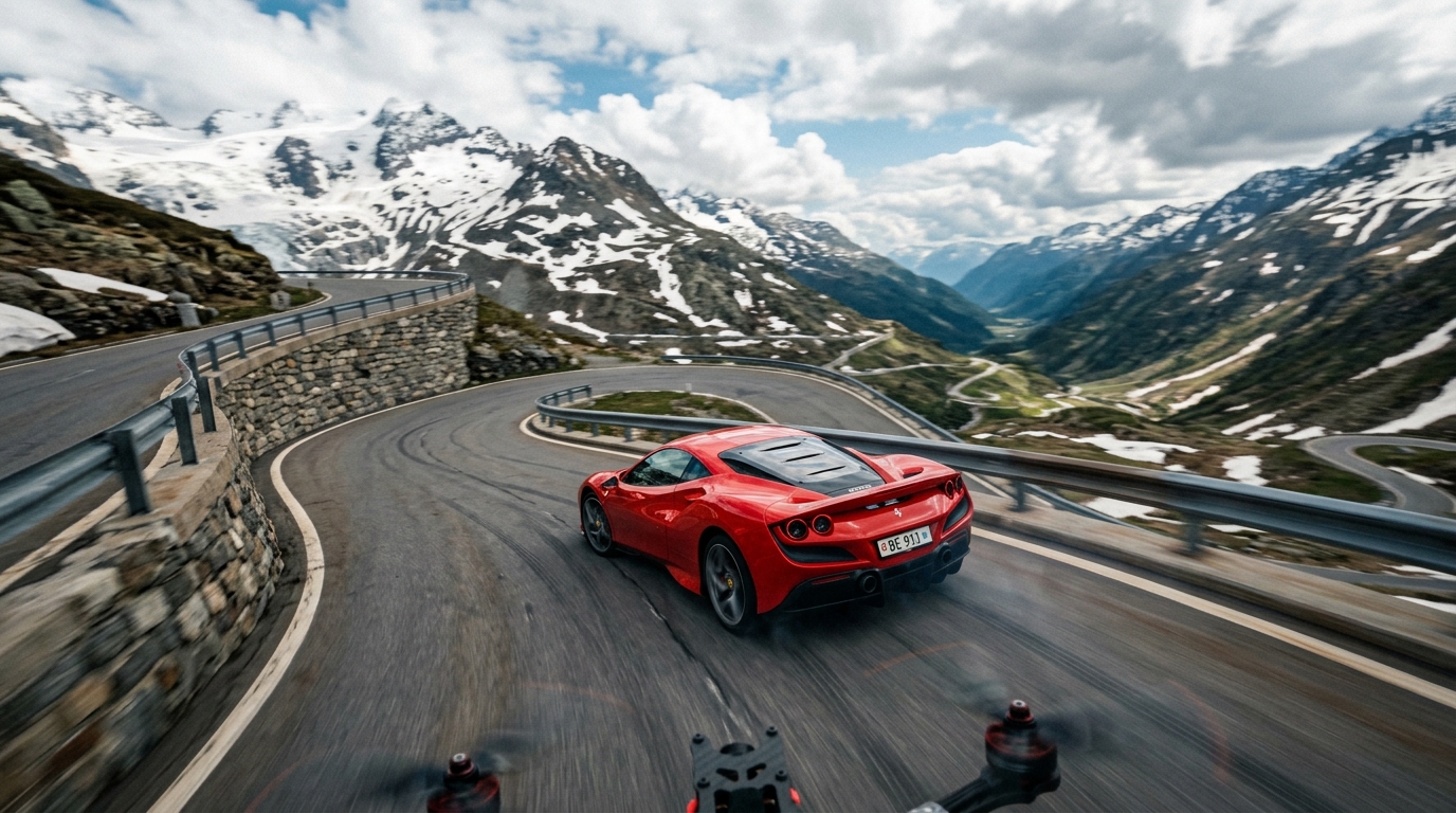 Poursuite par drone FPV haute vitesse au Col de la Furka dans les Alpes suisses